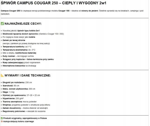 CIEPŁY ŚPIWÓR TURYSTYCZNY CAMPUS COUGAR 250 2w1 -5st CZARNY | ZAMEK LEWY CIEPŁY ŚPIWÓR TURYSTYCZNY CAMPUS COUGAR 250 2w1 -5st CZARNY | ZAMEK LEWY