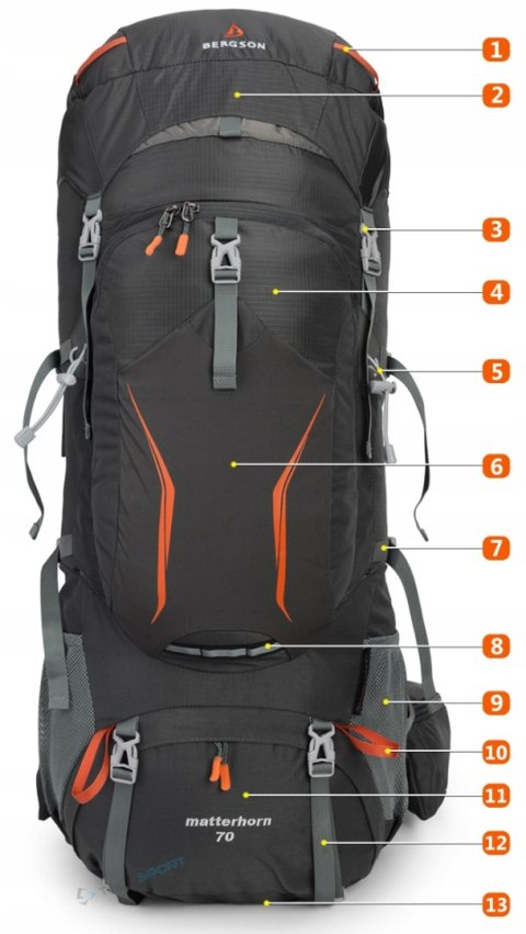 DUŻY PLECAK TURYSTYCZNY TREKKINGOWY BERGSON MATTERHORN 70-80L | SZARY