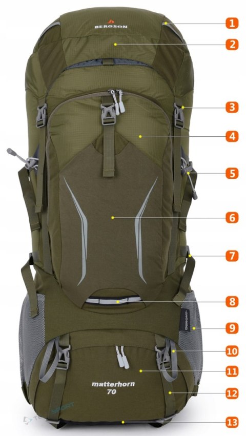 BERGSON MATTERHORN 70-80L- REGULOWANY POJEMNY PLECAK TURYSTYCZNY | OLIWKOWY
